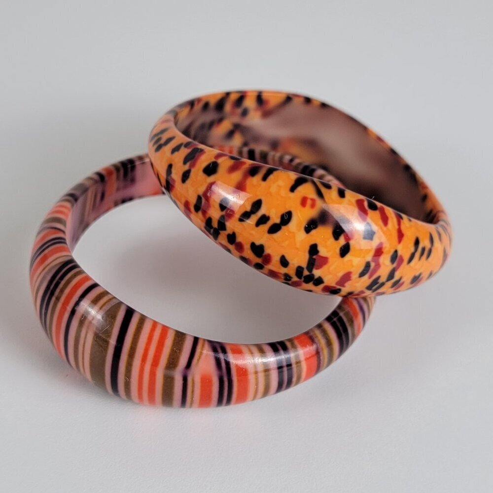 Orange And Black Bangle Bracelet Asymmetrical 8" Set Of 2